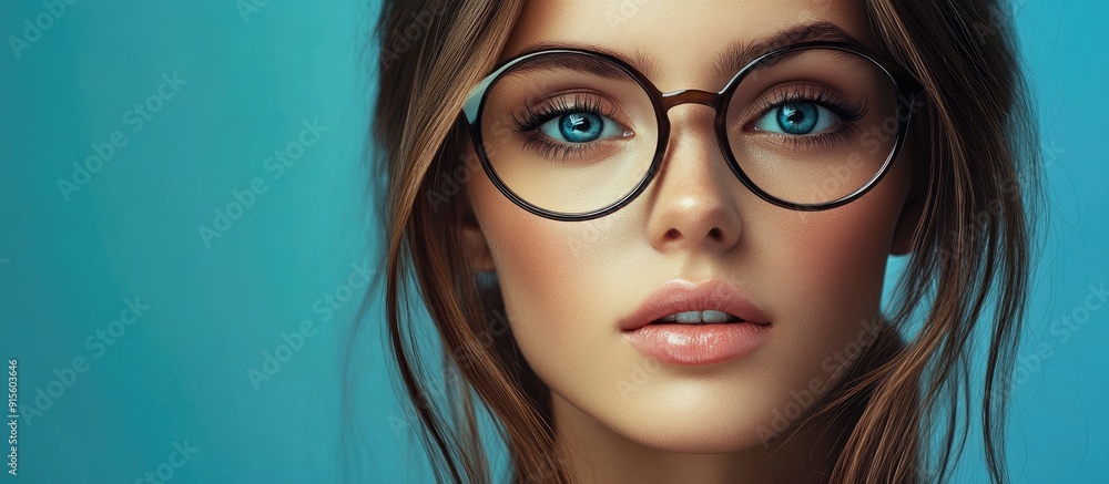 Poster attractive girl wearing new glasses. with copy space image. place for adding text or design