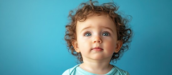 Adorable little emotional one year old baby boy with long curly hair against a blue background. with copy space image. Place for adding text or design
