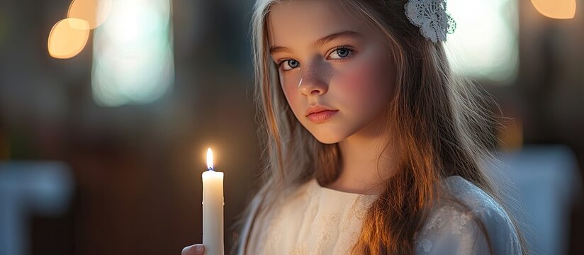 girl at her first communion holding a candle. with copy space image. Place for adding text or design
