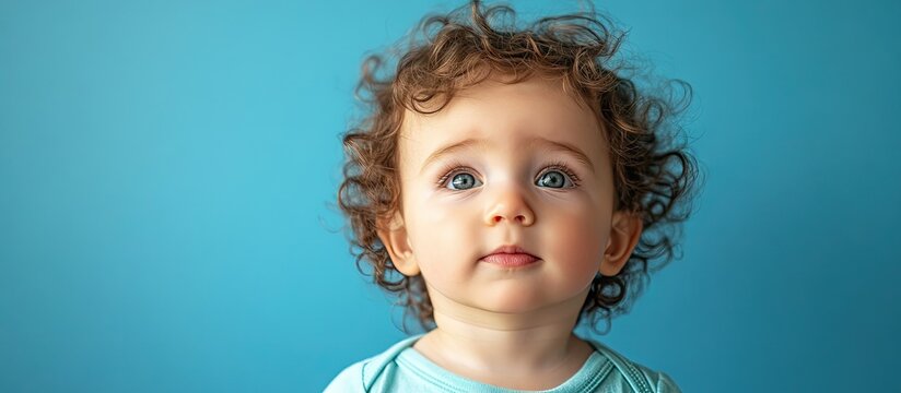 Adorable little emotional one year old baby boy with long curly hair against a blue background. with copy space image. Place for adding text or design