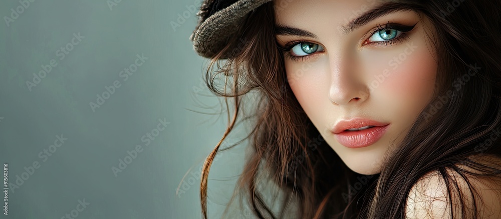 Poster portrait of a beautiful young woman studio shot against a grey background. with copy space image. pl