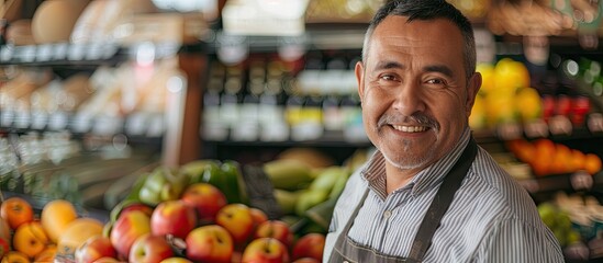 Middle aged Latin man owner of an organic grocery store gazing at the camera with a credit card in hand demonstrating the ease of payment copy space