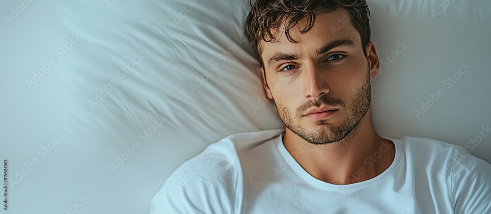 Poster a handsome man in a white t shirt is looking at the camera while lying on a white surface with light