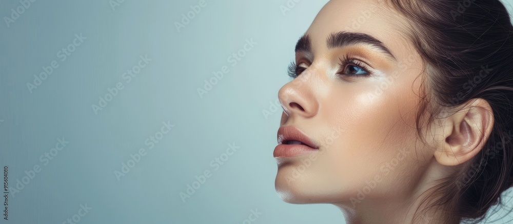 Poster Portrait of an appealing woman showcasing ad copy in an empty space highlighting novelty set against a gray pastel background