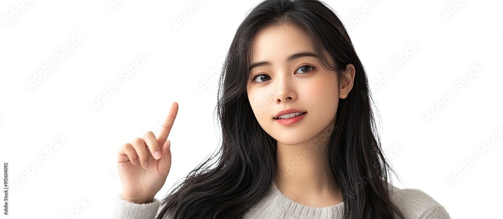 Poster portrait of a young asian woman with long hair posing and pointing with her finger at an empty produ