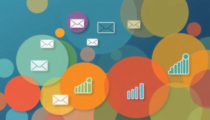 colorful digital montage of overlapping circles in various shades adorned with email symbols and growth indicators representing the diverse strategies used to enhance reach an