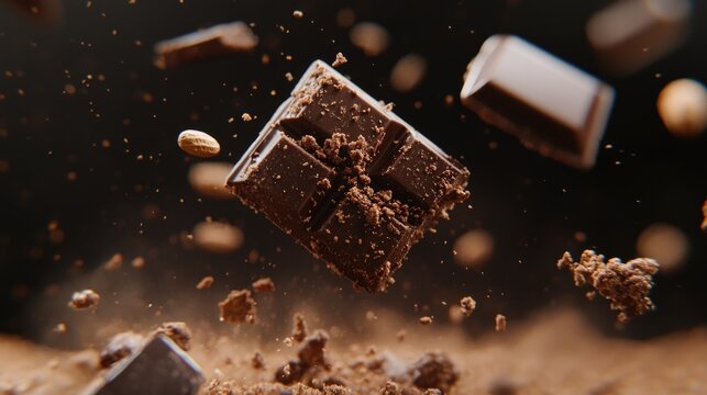 A piece of chocolate is flying through the air, offering a sweet surprise