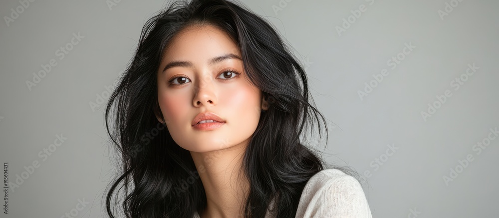 Poster Attractive Asian woman in her twenties isolated on a plain background photographed in a studio. with copy space image. Place for adding text or design