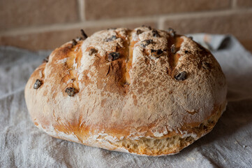 Homemade sourdough bread with raisins on a gray cloth