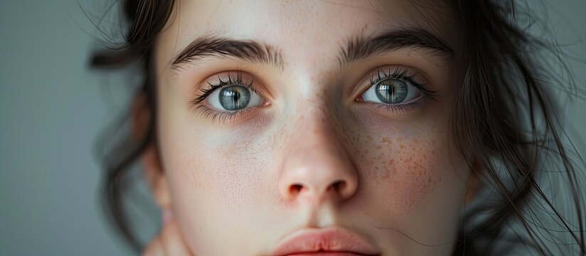 Close up of a thoughtful girl with her hand on her head isolated on gray. with copy space image. Place for adding text or design
