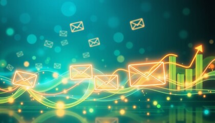 creative digital background with intertwining email elements glowing statistics and rising engagement graphs set in a lively blue and green color scheme showcasing marketing