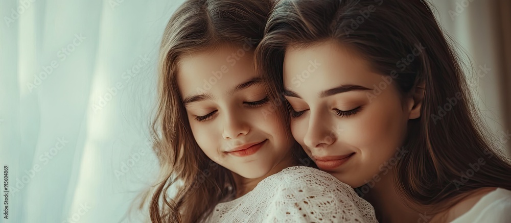 Aufkleber Mother and daughter at home embracing each other and smiling. with copy space image. Place for adding text or design