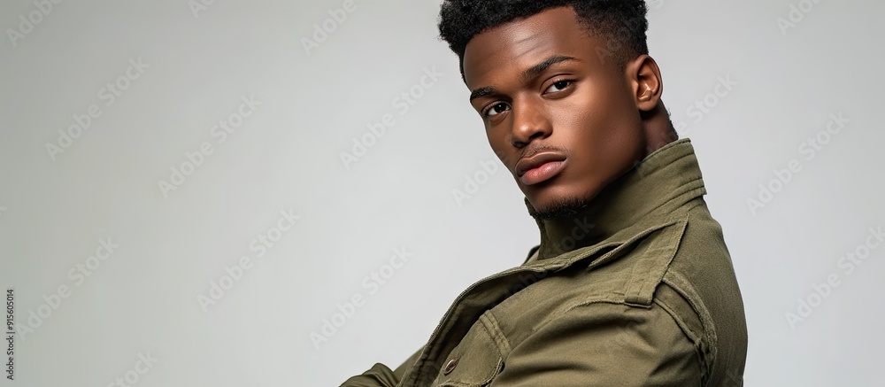 Poster An attractive Afro American man is posing in a studio against a plain background. with copy space image. Place for adding text or design