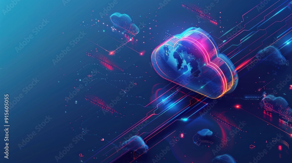Poster abstract cloud computing concept with a digital cloud and global network elements in vibrant neon co