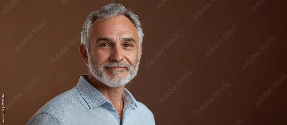 Poster middle aged man with grey hair and a beard dressed in a light blue shirt standing in front of a brow