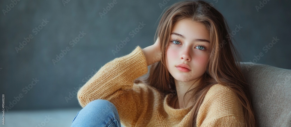 Aufkleber teenage girl sitting in a studio. with copy space image. place for adding text or design