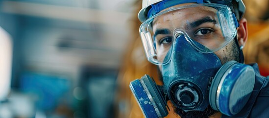 A young Latin man in a respirator mask is focused on spray painting a bicycle frame in his workshop adding a protective clear coat for a polished finish. with copy space image
