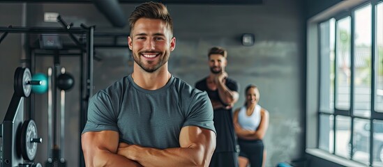 Portrait of a fit young man welcoming customers in a gym. with copy space image. Place for adding text or design