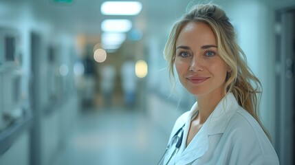 Empowered Healthcare Professional, a confident female doctor navigates a bustling hospital corridor, embodying dedication and compassion in patient care and medical excellence.