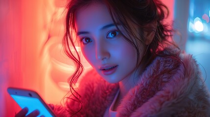 Tech Driven Connectivity, Asian woman engaged with smartphone in a vibrant neon-lit environment, highlighting the fusion of technology and modern communication.