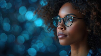 Empowered Visionary, side profile of a Black businesswoman deep in thought, envisioning success against a vibrant blue backdrop symbolizing financial growth and leadership.