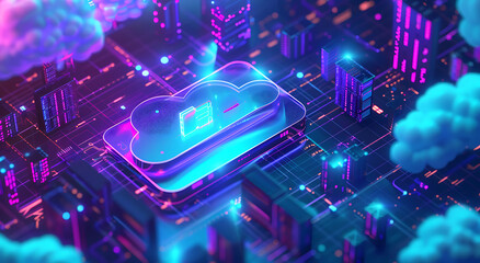 Neon light cloud computing futuristic technology and cloud storage illustration embodies network technologies cyberspace, showcasing a futuristic server in isometric perspective, dark background.