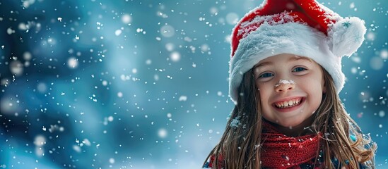 Adorable young girl wearing a Santa hat with a snowflake against a blue background. with copy space image. Place for adding text or design