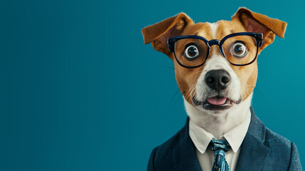 Dog dressed in suit with glasses.