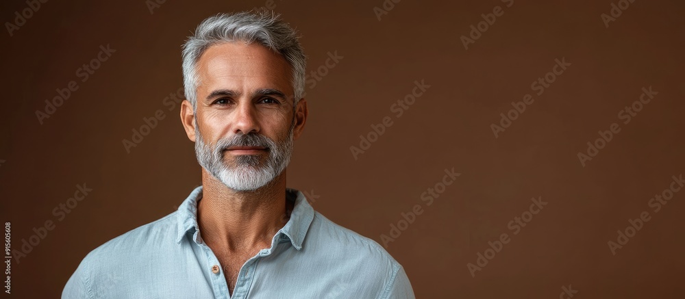 Poster middle aged man with grey hair and a beard dressed in a light blue shirt standing in front of a brow