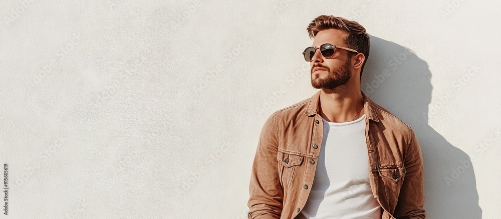 Aufkleber Stylish man standing outside against a white backdrop. with copy space image. Place for adding text or design
