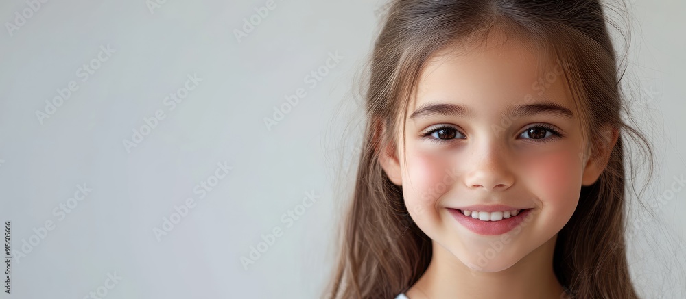 Poster Portrait of a pretty ten year old girl smiling at the camera Studio photograph. with copy space image. Place for adding text or design