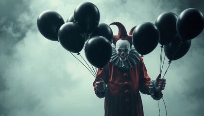the sinister clown stands amidst a haze of fog clutching several black balloons their inky surfaces absorbing light enhancing the chilling atmosphere as they seem to drift o
