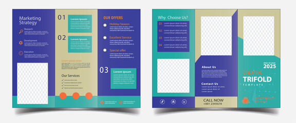 Tri fold Business Brochure Template Layout. Corporate Design Leaflet with Replaceable Image Shape. Template triple folding brochure printing and advertisement