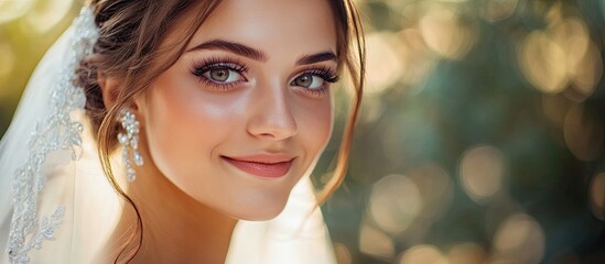 Beautiful bride on her wedding day wearing earrings early morning bride. with copy space image. Place for adding text or design