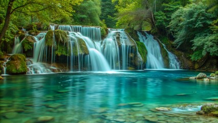 Fototapeta premium Serene Crystal Clear Waterfall Scene in Nature