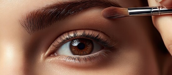Woman grooming brown eyebrows Woman s eye featuring well defined eyebrows Sculpted brows long lashes Applying eyebrow makeup Girl contouring eyebrows against a plain studio background