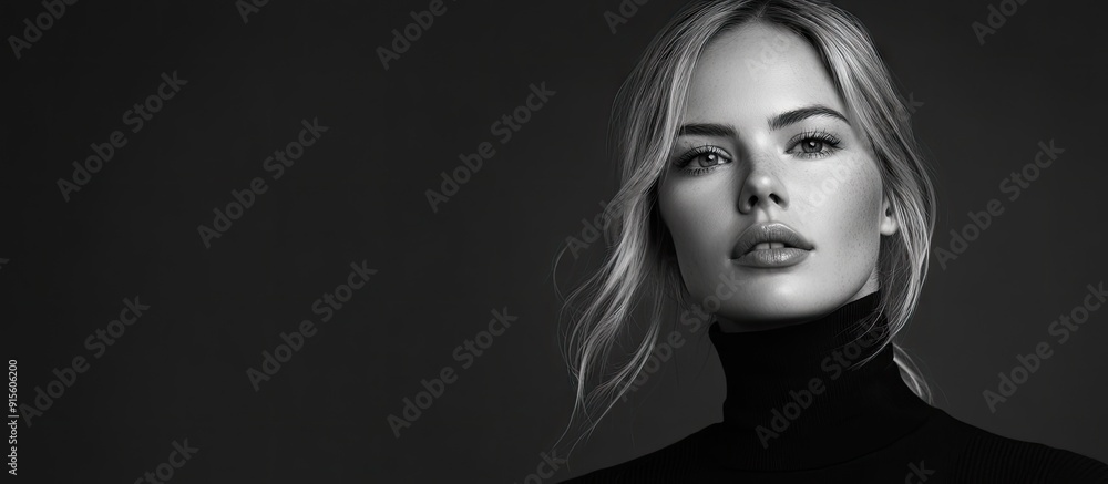 Poster black and white studio portrait of an attractive blonde woman wearing a black turtleneck against a p