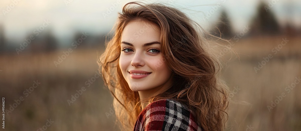 Poster brunette woman outside in a checkered plaid pattern smiling and facing the camera copy space