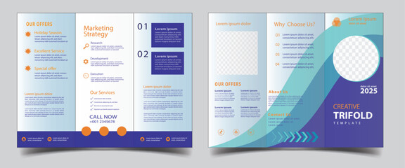 Tri fold Business Brochure Template Layout. Corporate Design Leaflet with Replaceable Image Shape. Template triple folding brochure printing and advertisement