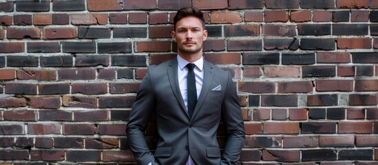 Attractive man in a formal suit standing against a brick wall. with copy space image. Place for adding text or design