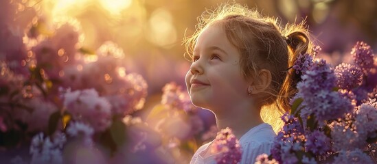 Fototapeta premium Joyful childhood the girl an area for text outdoor children sunset and lilac flowers selective focus. with copy space image. Place for adding text or design