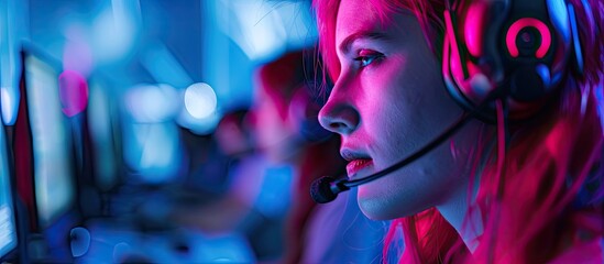 Close up view of an attractive female gamer with pink hair engaging in a multiplayer video game with her diverse friends on a PC at a gaming club taking part in an online esports tournament