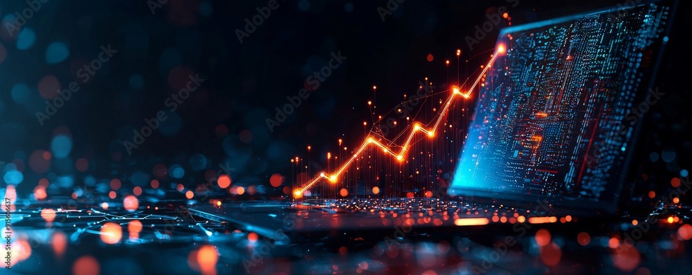 Poster futuristic laptop with data analysis graph in dark digital environment