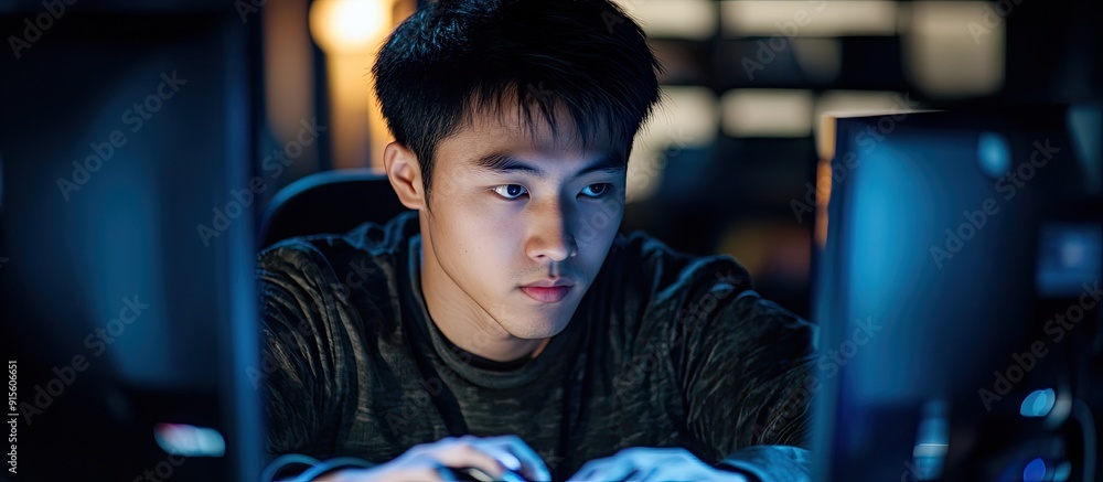 Poster portrait of a young asian man working on a computer in a dimly lit cyber environment copy space