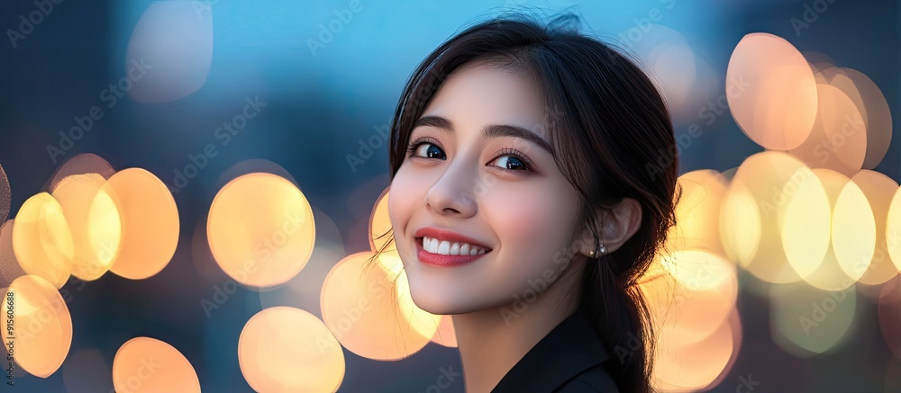 Poster joyful young asian businesswoman. with copy space image. place for adding text or design