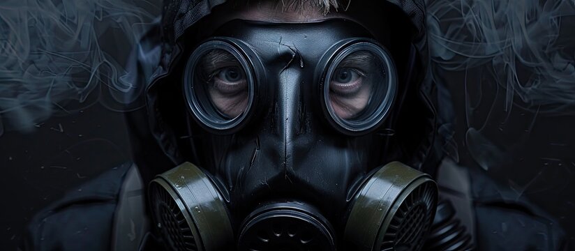 Man wearing a gas mask on a black background close up Room for text. with copy space image. Place for adding text or design
