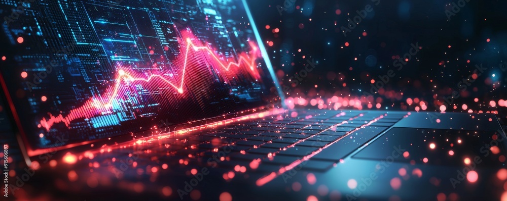 Poster digital stock market analysis on laptop with red data visualization and sparkles