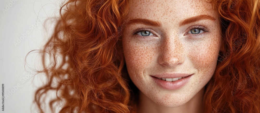 Poster close up portrait of a cheerful ginger woman with freckles and curly hair. with copy space image. pl