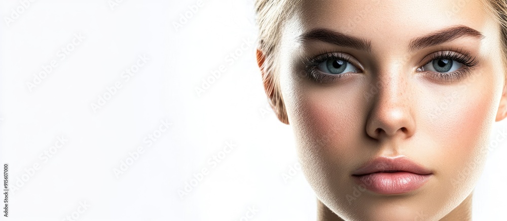 Poster Attractive young female face with a healthy complexion isolated on white. with copy space image. Place for adding text or design