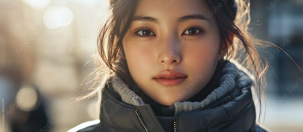 Poster image of a japanese woman wearing a jacket. with copy space image. place for adding text or design